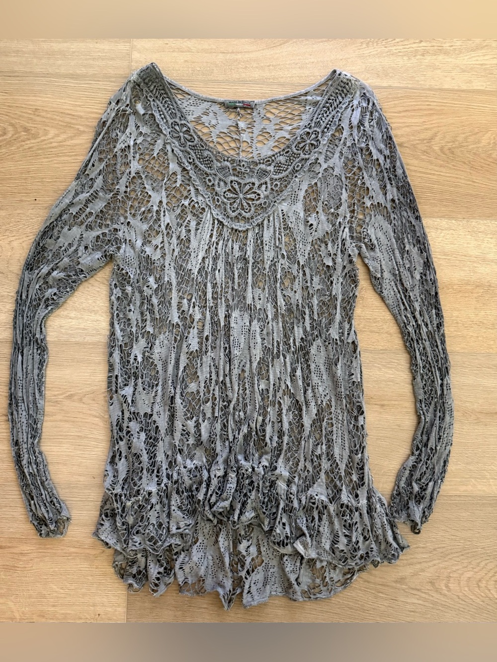 Made in Italy Gray Crochet Lace Tunic Top One Size Boho Lagenlook Sheer